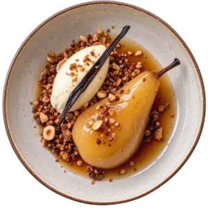 Poire pochée, vanille & sarrasin